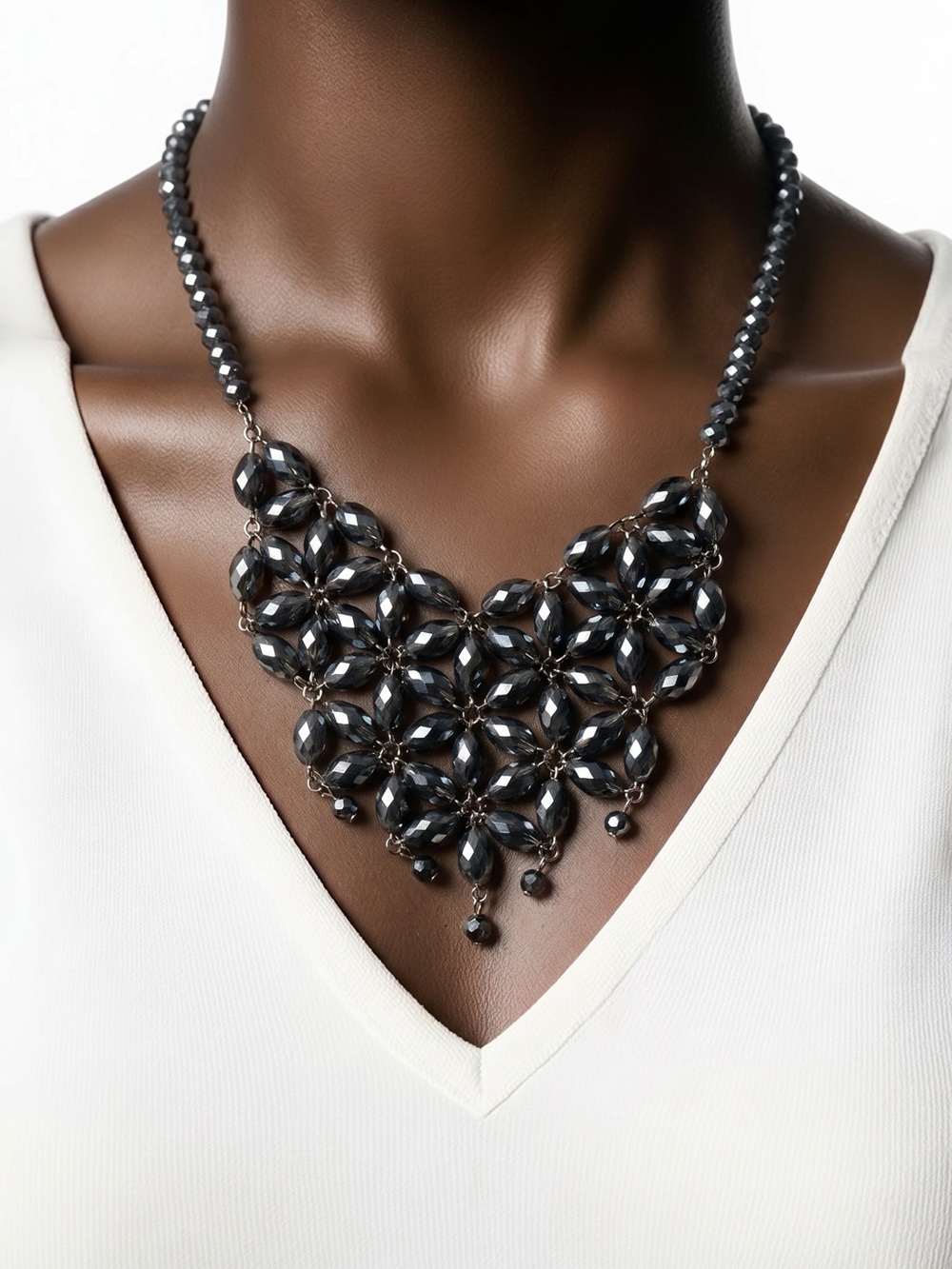 NAVY Blue Beaded Statement Necklace Costume Jewelry